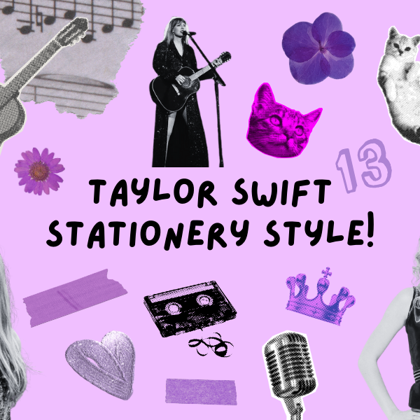 Taylor swift stationery style - a purple background with a collage of taylor swift, music, cats and purple fashion icons. 