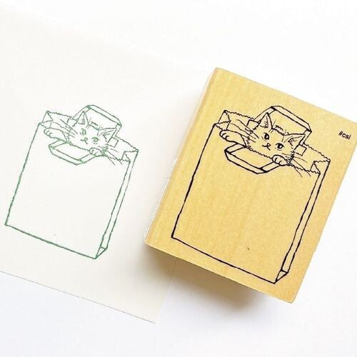 Kodomo No Kao 'I Love Stamp' Series Wood Stamp - Paper Bag Cat