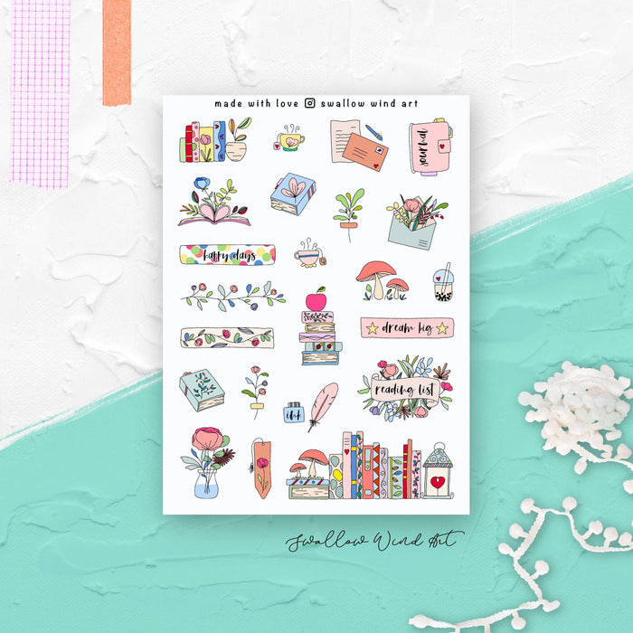 Sticker Sheet - Flowers & Books