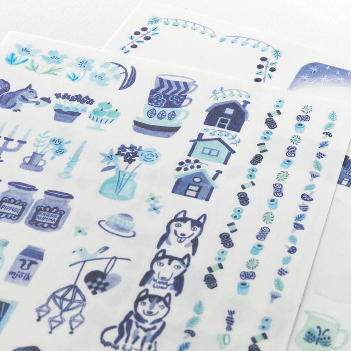 Midori Yuru Log 2 Sheet Sticker Set - Blue Nordic Pattern
