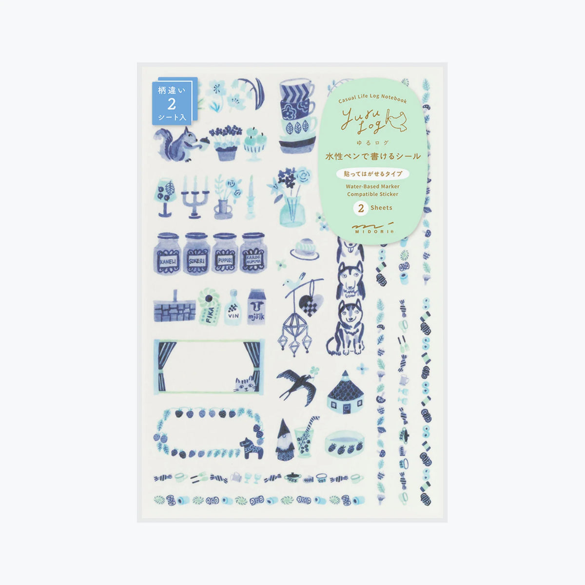 Midori Yuru Log 2 Sheet Sticker Set - Blue Nordic Pattern — WashiGang