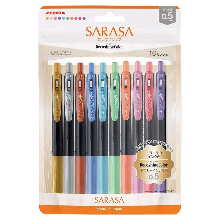 Zebra Sarasa Push-Clip Decoshine Metallic Gel Pens 0.5mm - 10 Colour Set
