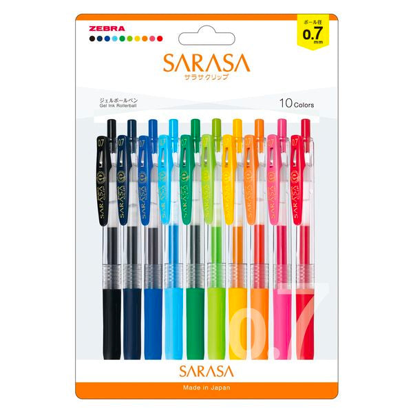 Zebra Sarasa Push-Clip Gel Pens 0.7mm - 10 Colour Set