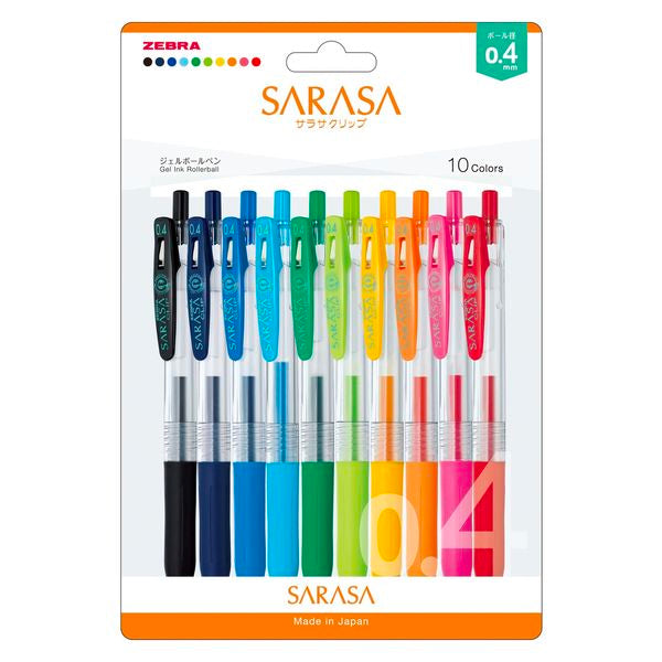 Zebra Sarasa Push-Clip Gel Pens 0.4mm - 10 Colour Set
