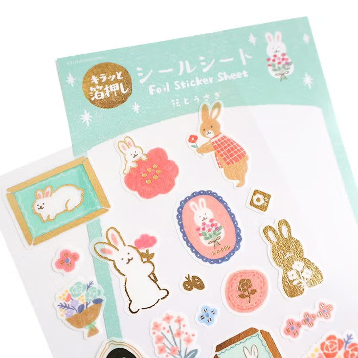 Foil-Stamped Sticker Sheet - Flowers & Rabbits