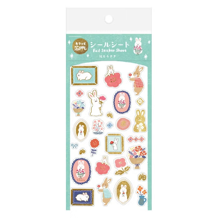 Foil-Stamped Sticker Sheet - Flowers & Rabbits