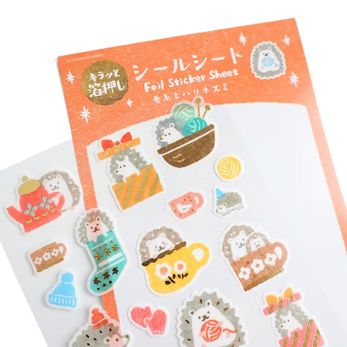 Foil-Stamped Sticker Sheet - Yarn & Hedgehog
