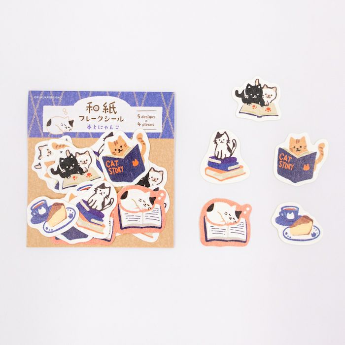Paper Flake Stickers - Book & Kitten
