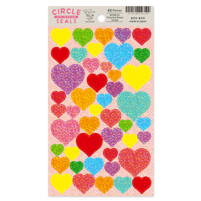 Circle Seal Hologram Stickers - Colourful Large Hearts