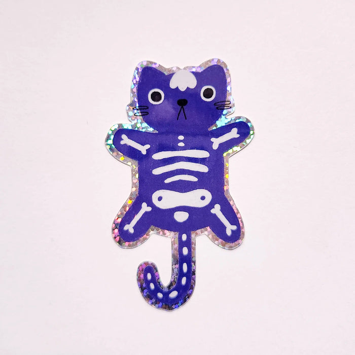 Cat Skeleton Glittery Vinyl Sticker