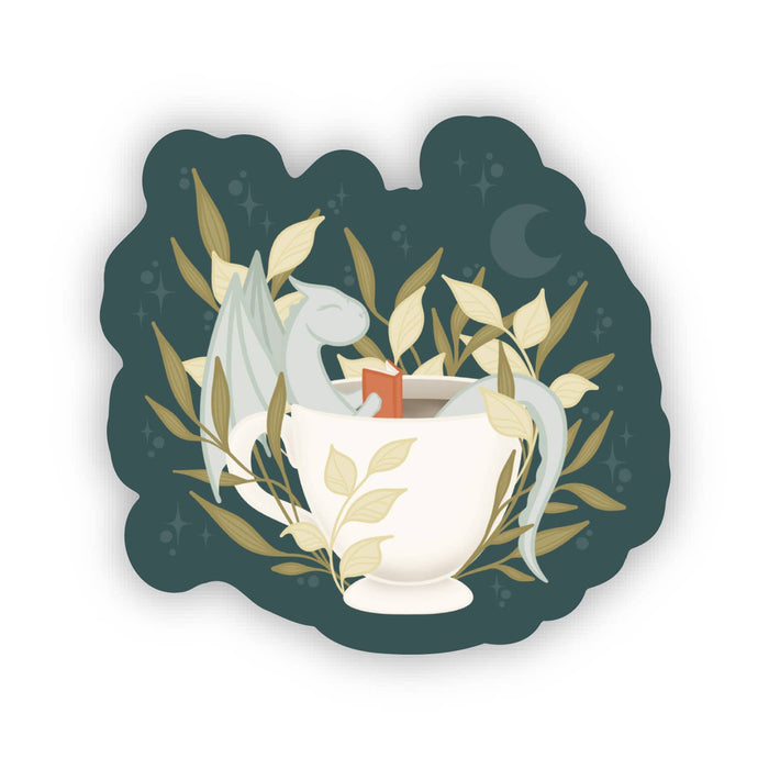 Book Dragon in a Tea Cup Vinyl Sticker