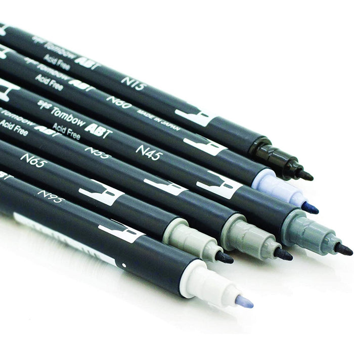 Tombow ABT Dual Brush Pen 6 Colour Set - Greyscale