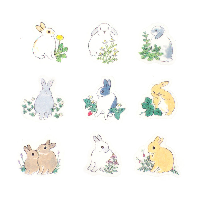 Schinako Moriyama x Papier Platz Washi Paper Flake Stickers - Rabbits & Wildflowers