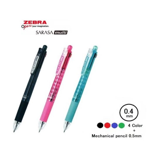 Zebra Sarasa 4-Colour Multi Gel Pen 0.4mm + 0.5mm Pencil - Pink Body