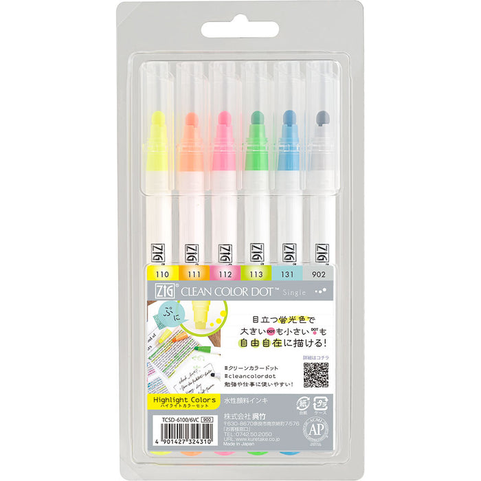 Kuretake Zig Clean Color Dot Marker 6 Pack - Highlight Colours