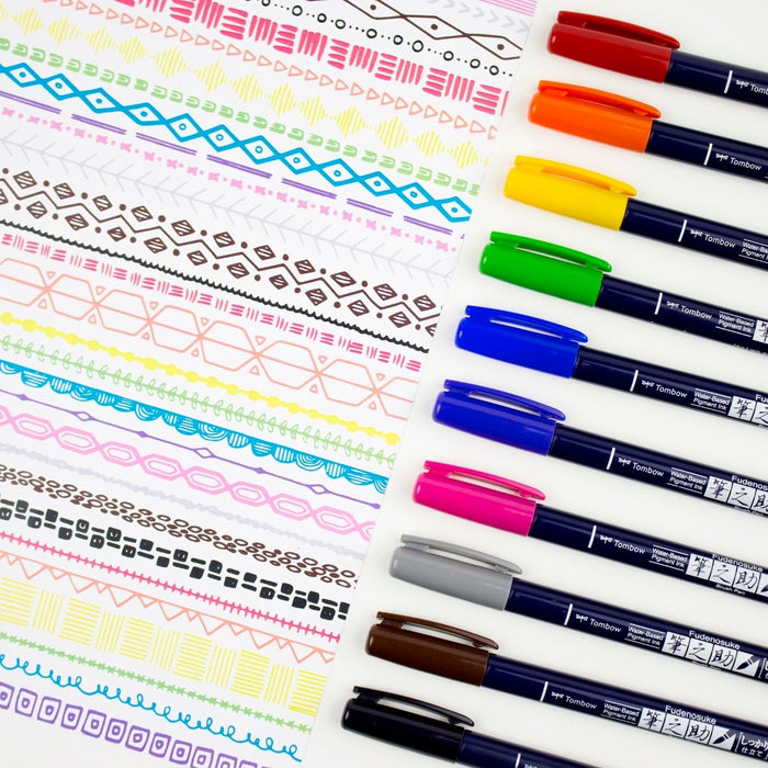 Fudenosuke Hard Tip Brush Pens - 10 Colour Set