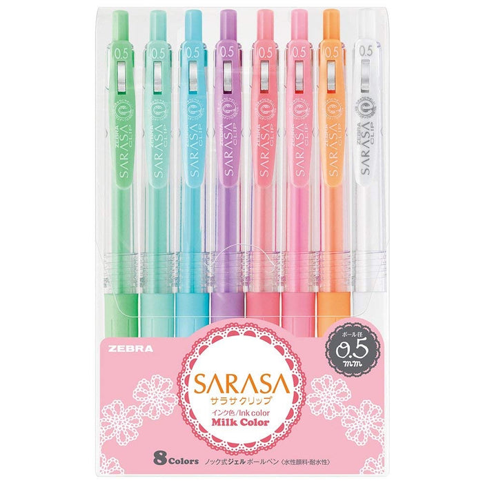 Zebra Sarasa Push-Clip Gel Pens 0.5mm - 8 Colour Set - Milk Colours
